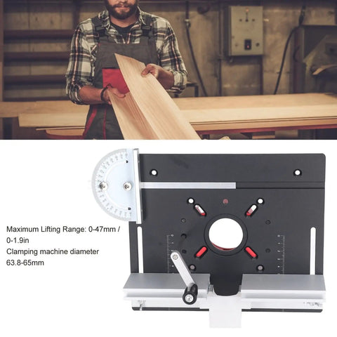 Heavy Duty Aluminum Router Lift Kit And Table Insert Plate With Stainless Steel Mounts For Serious Woodworking and Milling Work, showing adjustable lift and clamping features.