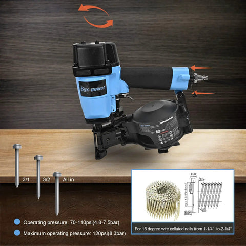 15 Degree Roofing Nailer With Low Recoil For Three Quarter To One And Three Quarter Inch Coil Nails, Professional Grade Roofing Gun For Shingles And Roof Repairs, Durable Coil Nailer With 120 Nail Capacity And Easy Load, Smooth Driving Performance shown on a wooden surface with nails and pressure indicators.