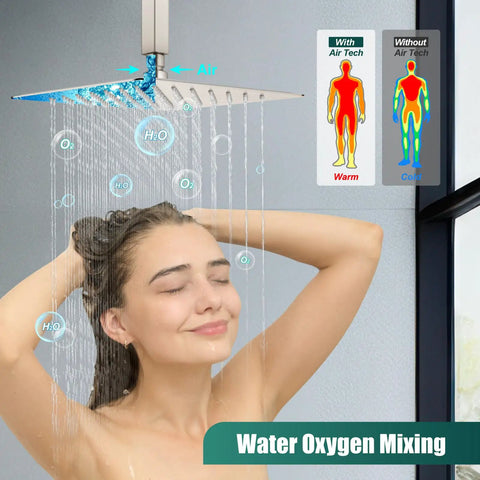 Ceiling Mount Shower Faucet Set With 12 Inch Square Fixed Shower Head And 2 In 1 Handheld Sprayer Brushed Nickel Finish SUS304 Stainless Steel Trim Kit With Rough In Valve For Modern Bathroom Renovations, showing woman enjoying shower with water oxygen mixing technology.