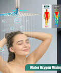 Woman showering under Brushed Nickel 12 Inch Square Rain Shower System With 2 In 1 Handheld Sprayer Ceiling Mount Rough In Valve And 16 Inch Arm 59 Inch Hose Luxury Bathroom Showerhead Set with air mixing feature