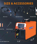 Super Cool 4 In 1 Portable Welding Machine That Gets The Job Done With Gasless Flux Core Mig, Stick, And Lift Tig Capabilities Plus Smart Synergic Control For Smooth Dual Voltage Operation with accessories and size details.