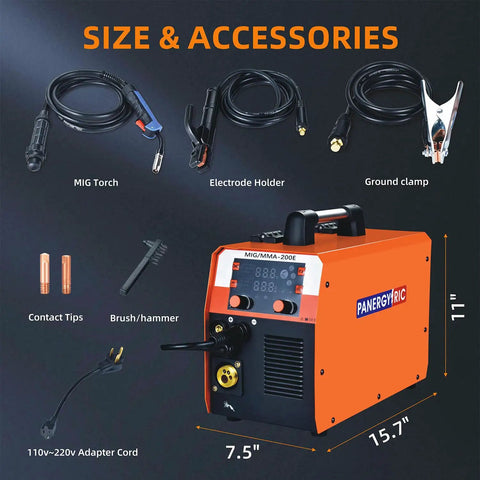 Super Cool 4 In 1 Portable Welding Machine That Gets The Job Done With Gasless Flux Core Mig, Stick, And Lift Tig Capabilities Plus Smart Synergic Control For Smooth Dual Voltage Operation with accessories and size details.