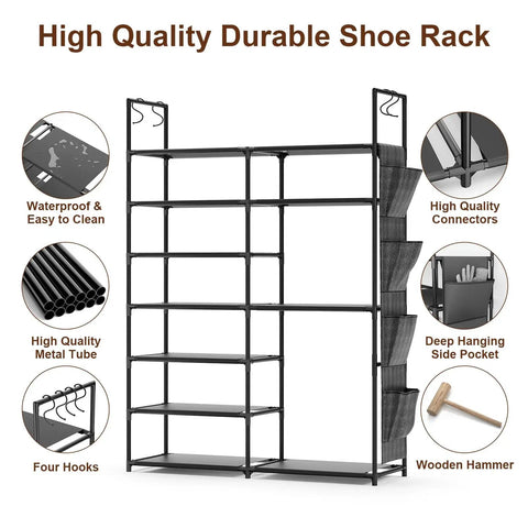 7 Tier Metal Shoe Rack Organizer With Side Pockets And Hooks For Entryway Closet Bedroom And Garage, no-fuss storage for shoes