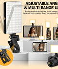 120 LED Selfie Light for iPhone Clip and Tripod Adapter showcasing adjustable angle, multi-range use on devices, 5000mAh battery.