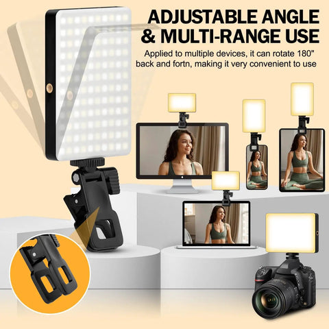 120 LED Selfie Light for iPhone Clip and Tripod Adapter showcasing adjustable angle, multi-range use on devices, 5000mAh battery.