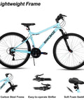 Light blue mountain bike with a Trail Ready 26 Inch Mountain Bike For Men And Women 18 Speed Steel Frame Suspension Fork V Brakes