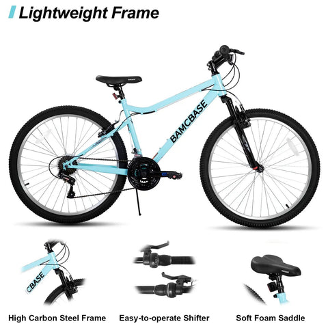 Light blue mountain bike with a Trail Ready 26 Inch Mountain Bike For Men And Women 18 Speed Steel Frame Suspension Fork V Brakes