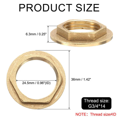Top Shelf Brass Faucet Locknuts G3/4 Female Hex Pipe Fittings with dimensions 36mm OD, 24.5mm ID for plumbing use.