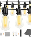 100Ft Solar String Lights Outdoor Waterproof With Remote Dimmer Lit Backyard Vibes 32 Vintage Edison Bulbs displayed with hooks and remote.