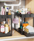 Smooth Pullout Under Sink Organizer Two Pack Heavy Duty Metal Rack For Kitchen And Bathroom Big Stack Zero Clutter Solid Setup Storage Game Changer In Black storing beauty products and cleaning supplies.