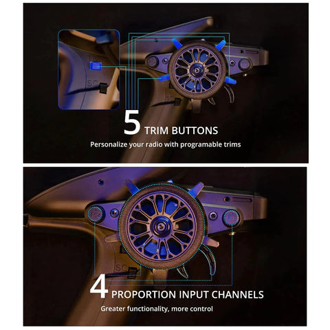 MT12 Surface Radio Controller with 5 trim buttons and 4 proportion input channels for RC Cars and Boats, close-up view.