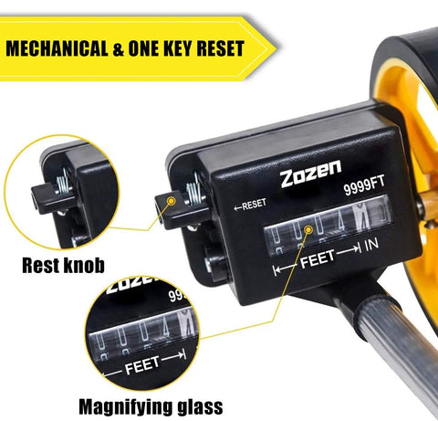 Close-up of 6-inch measuring wheel showing mechanical one button reset and readout up to 9999 ft. Focus: Measuring Wheel 6 Inch Distance Meter