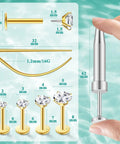4 Pairs 16G Flat Back Stud Earrings Set in Hypoallergenic Surgical Steel With Four Sizes 2mm 3mm 4mm 5mm And Pin Lengths 6mm 6mm 7mm 8mm For Everyday Wear And All Day Comfort. Size chart showing gold flat-back stud earrings in 316L steel with CZ.