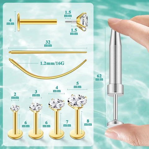 4 Pairs 16G Flat Back Stud Earrings Set in Hypoallergenic Surgical Steel With Four Sizes 2mm 3mm 4mm 5mm And Pin Lengths 6mm 6mm 7mm 8mm For Everyday Wear And All Day Comfort. Size chart showing gold flat-back stud earrings in 316L steel with CZ.