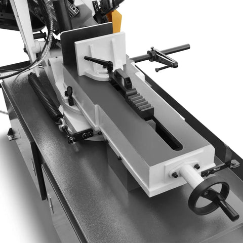 Close-up of 10 Inch Metal Cutting Band Saw With 2HP 220V 60Hz 1PH Power Horizontal Bandsaw 0To45 Degree Miter Hydraulic Down Feed