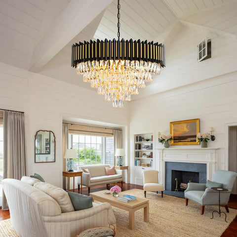 3 Tier Black And Gold Crystal Chandelier Pendant Light Fixture For Living Room Dining Room Kitchen Foyer Bedroom And Entryway