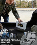 Rock Solid Gasoline Engine Compression Tester Kit With No Sweat 300 PSI Triple Scale Dial And Full Eight Piece Adapter Set being stored in a compact gray case.