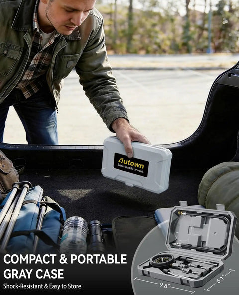 Rock Solid Gasoline Engine Compression Tester Kit With No Sweat 300 PSI Triple Scale Dial And Full Eight Piece Adapter Set being stored in a compact gray case.