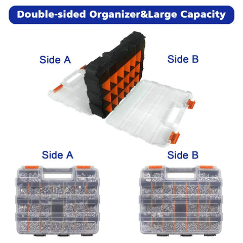 All In One Must Have 1575 Piece Stainless Steel Nuts And Bolts Kit With SAE Size Variety, orange double-sided organizer box open