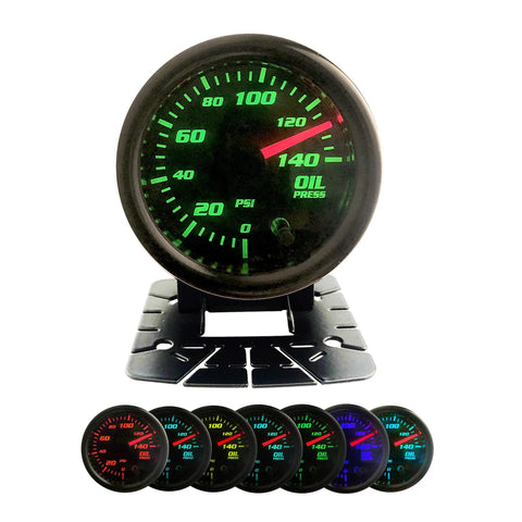 CYONRUAN 52mm oil pressure gauge with green LED backlight, 0-140 PSI, 1/8 NPT sensor, mounted on bracket
