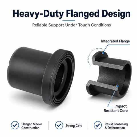 Heavy Duty Flanged A-Arm Bushing design showcasing integrated flange and impact resistant core, part of Eight Pack Upper Lower A Arm Bushings Heavy Duty Rubber Suspension Upgrade For Utility Vehicles Tough As Nails Parts Built To Last And Keep Your Rig Rolling Smooth Everyday.