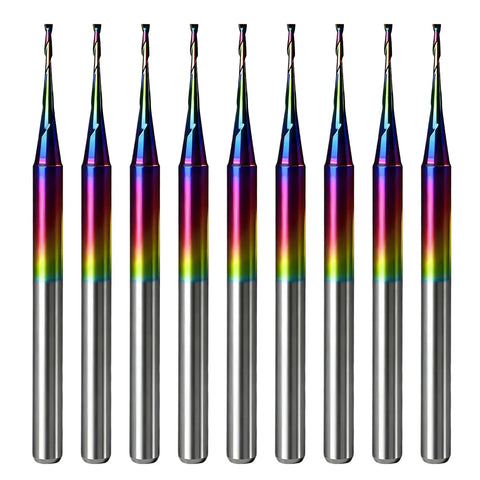 10 Piece CNC Router Bit Set With One Eighth Inch Shank Upcut End Mills TAC Coated Solid Carbide Two Flute Spiral Cutters
