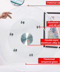 Large Round Clear Tempered Glass Lazy Susan Turntable Heavy Duty Swivel Rotating Serving Tray Smooth Spinning Top features polished edges and aluminum alloy base.