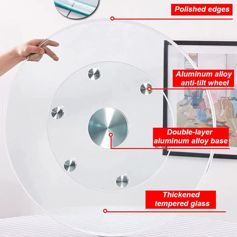 Large Round Clear Tempered Glass Lazy Susan Turntable Heavy Duty Swivel Rotating Serving Tray Smooth Spinning Top features polished edges and aluminum alloy base.