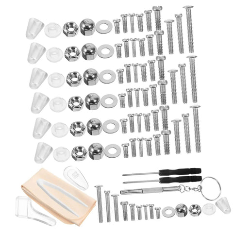 Eyeglass Repair Kit With Nose Pads And Anti Slip Ear Grips And Screwdriver Tools For Quick Repairs And All Day Comfort Fits All Eyewear Styles Versatile D I Y Glasses Fix Kit with assorted screws, nose pads, and mini screwdriver.
