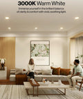 Living room with 6 Inch Retrofit LED Recessed Downlights With Baffle Trim, warm white 3000K lighting, enhancing decor