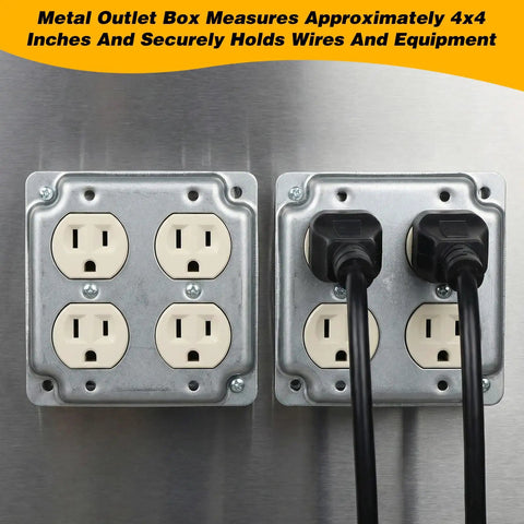 8 Pack 4x4 Inch Electrical Junction Boxes With Covers, Heavy Duty Galvanized Steel Square Outlet Boxes, And Double Duplex Receptacle Plates, 21 Cu In Capacity, Perfect For Home Renos And Commercial Jobs, Silver, showing two installed outlet boxes with plugs.