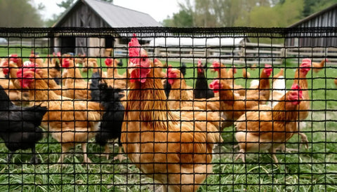 Chickens behind Heavy Duty Plastic Mesh Fence 4x75ft Deer Fencing With Reinforced Edges Easy Setup Black 55gsm Temporary Garden Netting