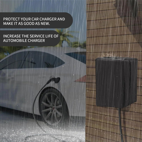 Heavy Duty EV Charger Cover Keeps Your Electric Vehicle Connector Locked Down Safe From Rain Snow And Mud While Delivering Hella Weather Proof Oxford Fabric Shield For Tesla And Universal Plug Ins in rain with charger.