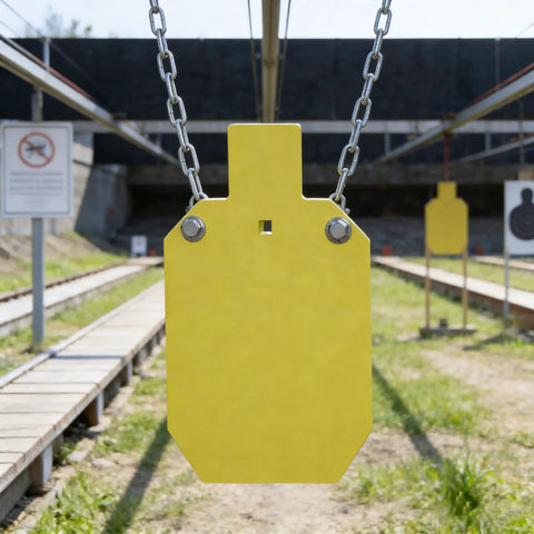 Yellow Ar500 Steel Silhouette Target 7 By 12 Inches Half Inch Thick For Rifle Practice at outdoor shooting range