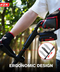 Close-up of Cordless 20V Tiller Cultivator With 8 Inch Wide Steel Tines Battery Powered Garden Cultivator handle and controls.