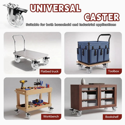 Set Of 4 Heavy Duty 4 Inch Transparent Polyurethane Swivel Casters With Lock Brake displayed on flatbed truck and toolbox.