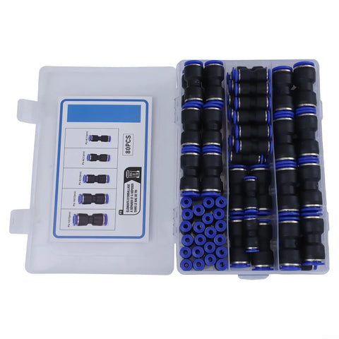 80 Piece Quick Connect Straight Push Fittings Kit For Pneumatic Hose And Air Water Pipe Adapter Assortment In Sizes From 5/32 To 1/2 Inch For PU PA PE PVC Nylon Tubing High Pressure Rating Tool Free Connection, plastic case with fittings