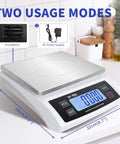Huge Capacity Digital Kitchen Scale 30kg 66lb With LCD Display Stainless White Crisp Readings For Baking And Cooking Must Have For Home Chefs And Bakers Great For Coin Counting 6 Units Hold Function Adapter Included, shown with dimensions and power options