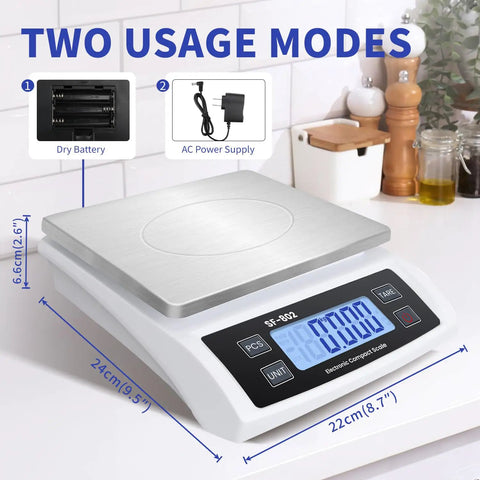 Huge Capacity Digital Kitchen Scale 30kg 66lb With LCD Display Stainless White Crisp Readings For Baking And Cooking Must Have For Home Chefs And Bakers Great For Coin Counting 6 Units Hold Function Adapter Included, shown with dimensions and power options