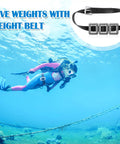 Scuba diver using Four 2.2 Pound Dive Weights Set With Rubber Belt And Metal Buckle For Scuba Diving Freediving Spearfishing And Snorkeling Tough Weight Belt Kit For All Ocean Adventures.