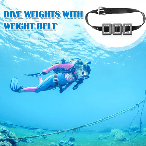 Scuba diver using Four 2.2 Pound Dive Weights Set With Rubber Belt And Metal Buckle For Scuba Diving Freediving Spearfishing And Snorkeling Tough Weight Belt Kit For All Ocean Adventures.