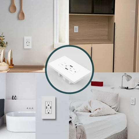 4 Pack USB Charger In Wall Outlet With Dual USB Ports 4.8A Total Output, installed in various home settings, white