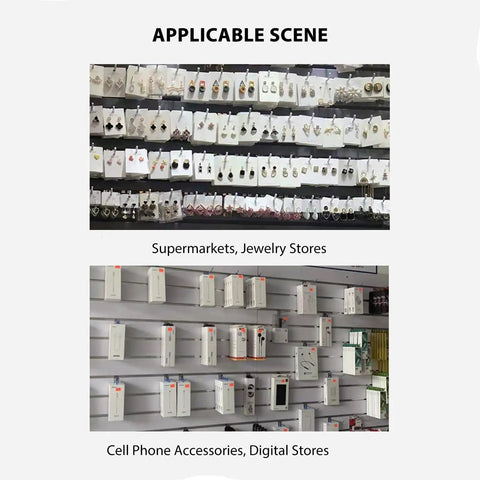 Heavy Duty Slatwall Hooks Set 50 Pcs Aluminum Alloy Hangers displaying jewelry and electronics in stores.