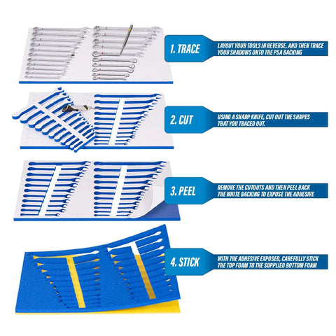 Four-step assembly guide for the 5S Shadow Foam Tool Box Organizer Kit In Two Color For Easy Visual Tool Management.
