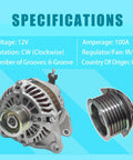 12V 100A Alternator For Mazda MX5 Miata 2.0L 2016-2019, CX5 2.0L 2013-2016, CX5 2.5L 2014-2019 and 2022-2023, CX3 2.0L 2016-2021, Mazda6 2.5L 2014-2021 OE Fit 20288N 20288PE01-18-300 PEDD18300 in silver with 6-groove pulley