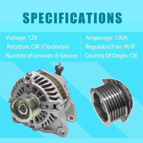 12V 100A Alternator For Mazda MX5 Miata 2.0L 2016-2019, CX5 2.0L 2013-2016, CX5 2.5L 2014-2019 and 2022-2023, CX3 2.0L 2016-2021, Mazda6 2.5L 2014-2021 OE Fit 20288N 20288PE01-18-300 PEDD18300 in silver with 6-groove pulley