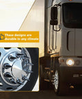 20 Pack Chrome Spike Lug Nut Covers For Semi Trucks 33mm Thread On ABS Plastic Rust Resistant Screw On Nut Covers With Sharp Spikes And That High Gloss Chrome Vibe, mounted on a semi truck wheel, demonstrated on the road.