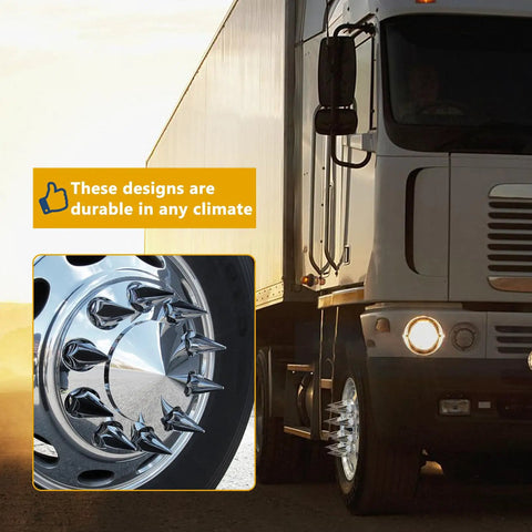 20 Pack Chrome Spike Lug Nut Covers For Semi Trucks 33mm Thread On ABS Plastic Rust Resistant Screw On Nut Covers With Sharp Spikes And That High Gloss Chrome Vibe, mounted on a semi truck wheel, demonstrated on the road.