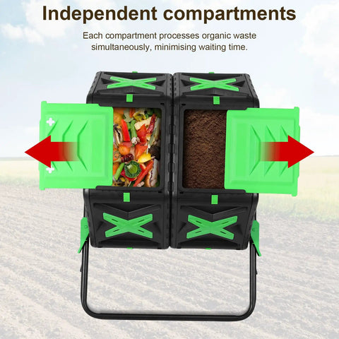 140L Dual Chamber Compost Tumbler For Outdoor Gardens And Yards No Fuss Easy Setup Rotating Bin With Fast Decomposition And Mobile Batch Composting Barrel showing open compartments