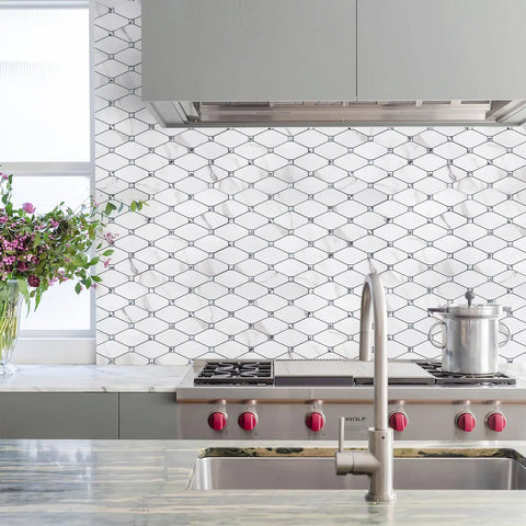 Calacatta Style Peel and Stick Backsplash Tiles 10 Sheets Self Adhesive Aluminum Composite Glass Mosaic in modern kitchen scene